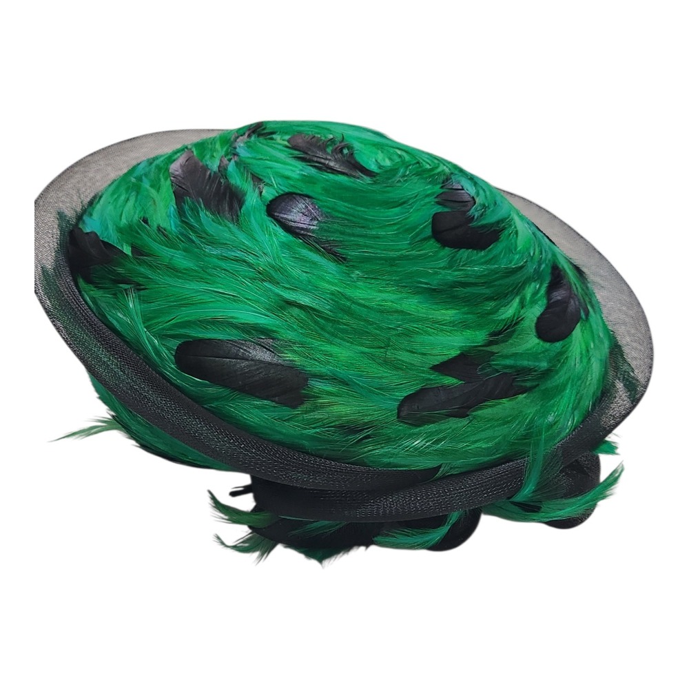 Albrizio New York Vintage Green Black Feather Pillbox Hat Mesh Veil‎ Bow Trim